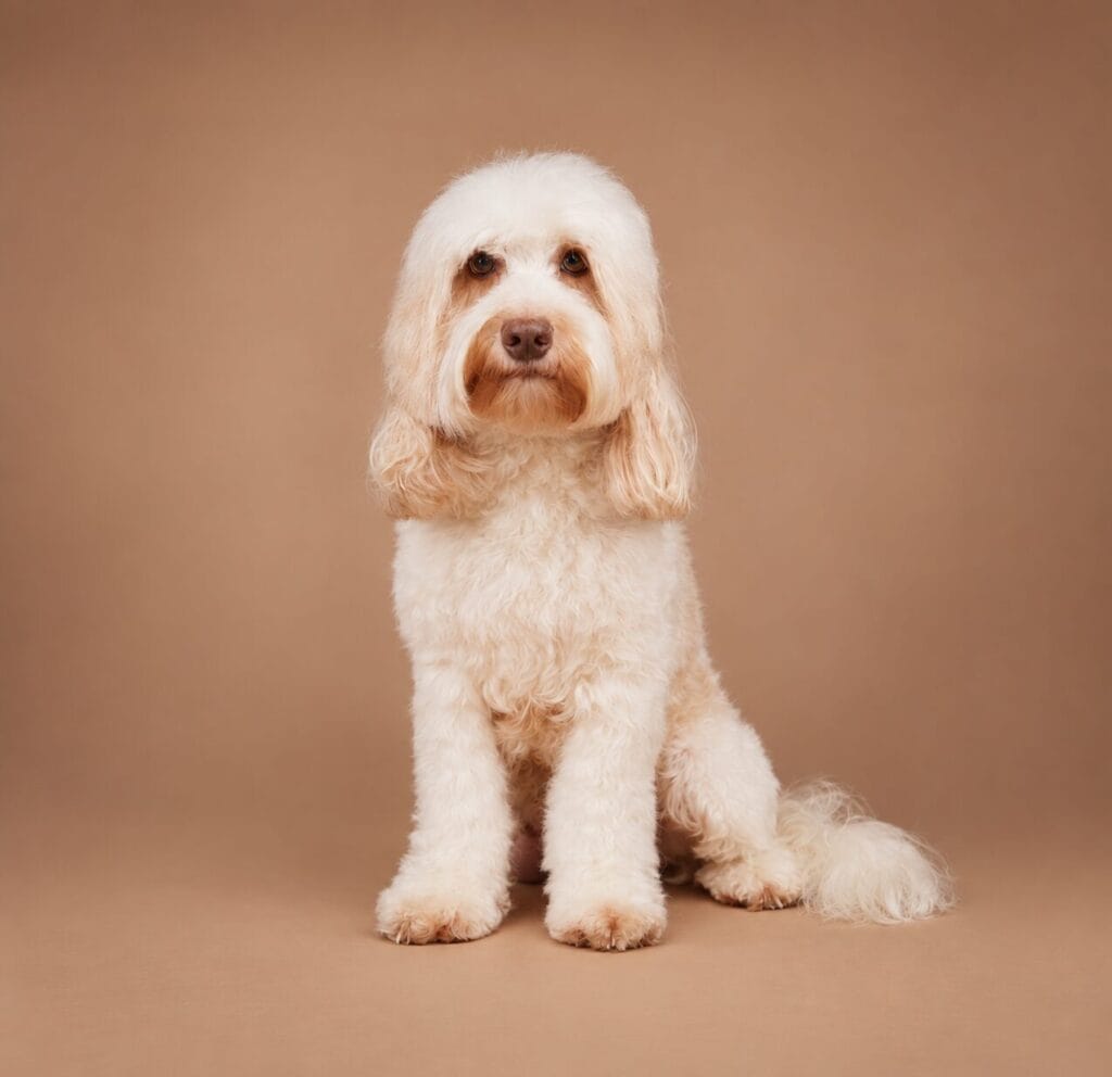Witte hond met lichtbruine oren zittend voor een neutrale achtergrond