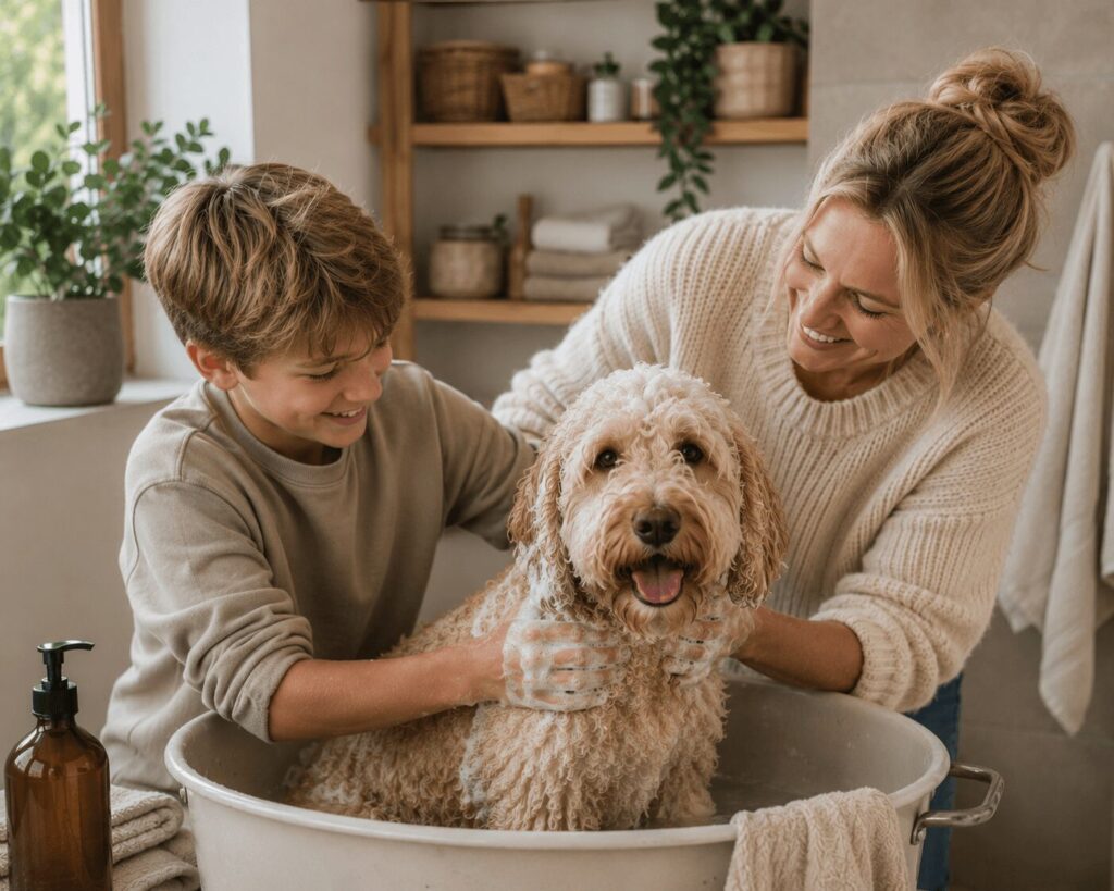 Labradoodle wordt gewassen en verzorgd door een vrouw en kind