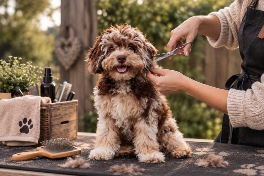 Labradoodle wordt getrimd tijdens de workshop trimmen