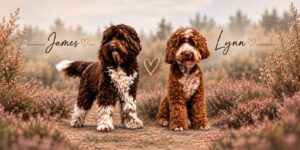 Labradoodles James en Lynn samen op de heide
