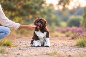 Labradoodle krijgt een beloning tijdens het trainen