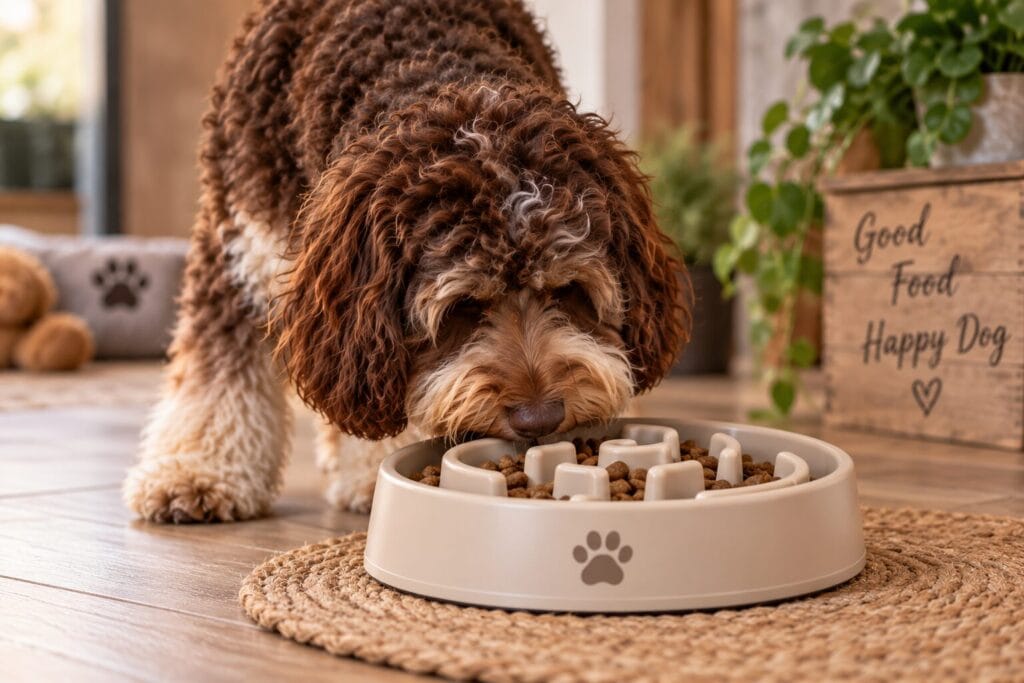 Labradoodle eet hondenbrokken uit een voerbak