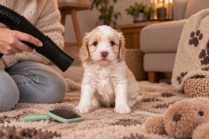 Labradoodle pup wordt verzorgd met föhn en hondenborstel