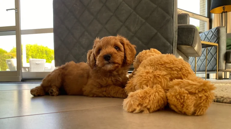 Australian Labradoodle-pup liggend naast een knuffel