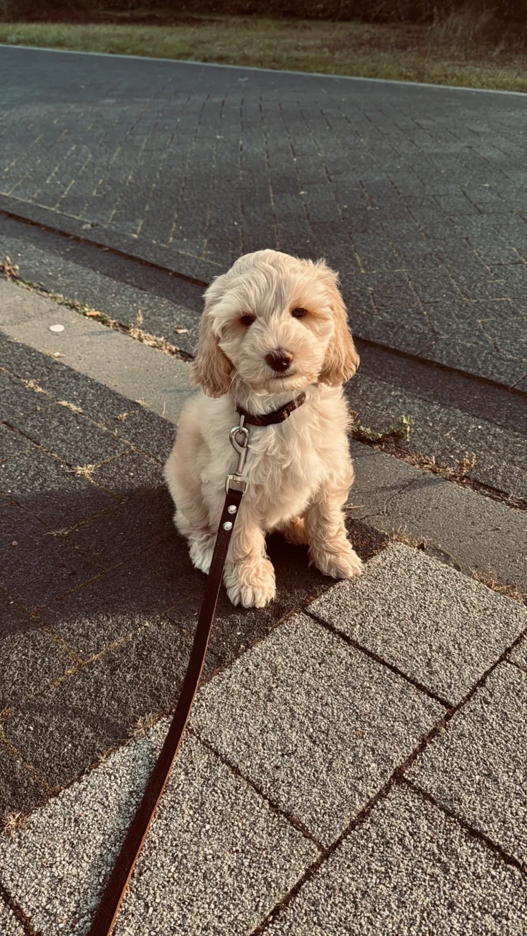 Lichtgekleurde Australian Labradoodle pup zit aangelijnd op de stoep