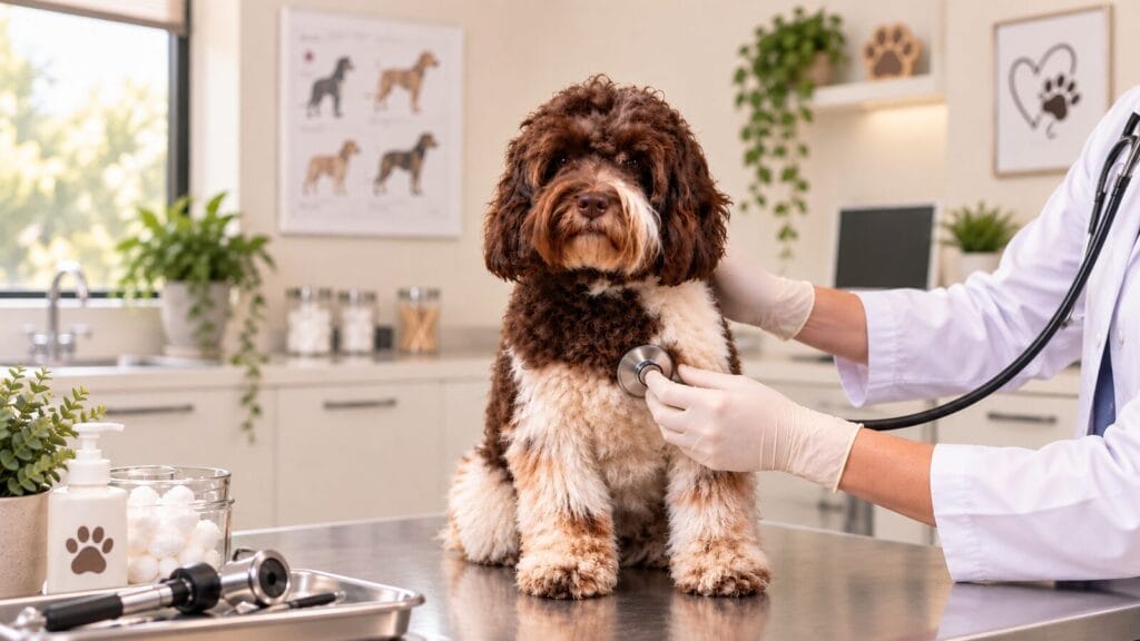 Labradoodle bij de dierenarts tijdens de vetcheck